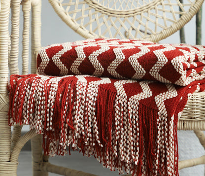 knit throw blanket with tassels in red colour