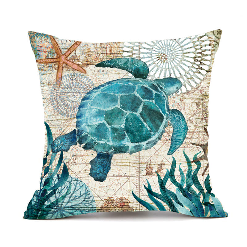 Decorative cushion cover with a turtle and sea-themed design