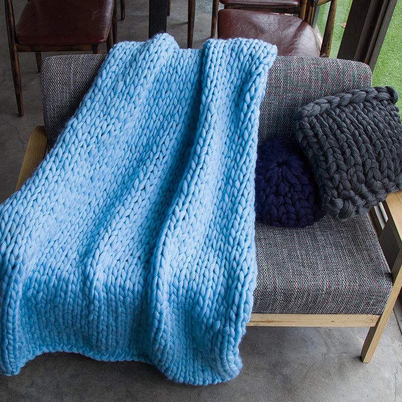 hand knitted blanket in sky blue colour